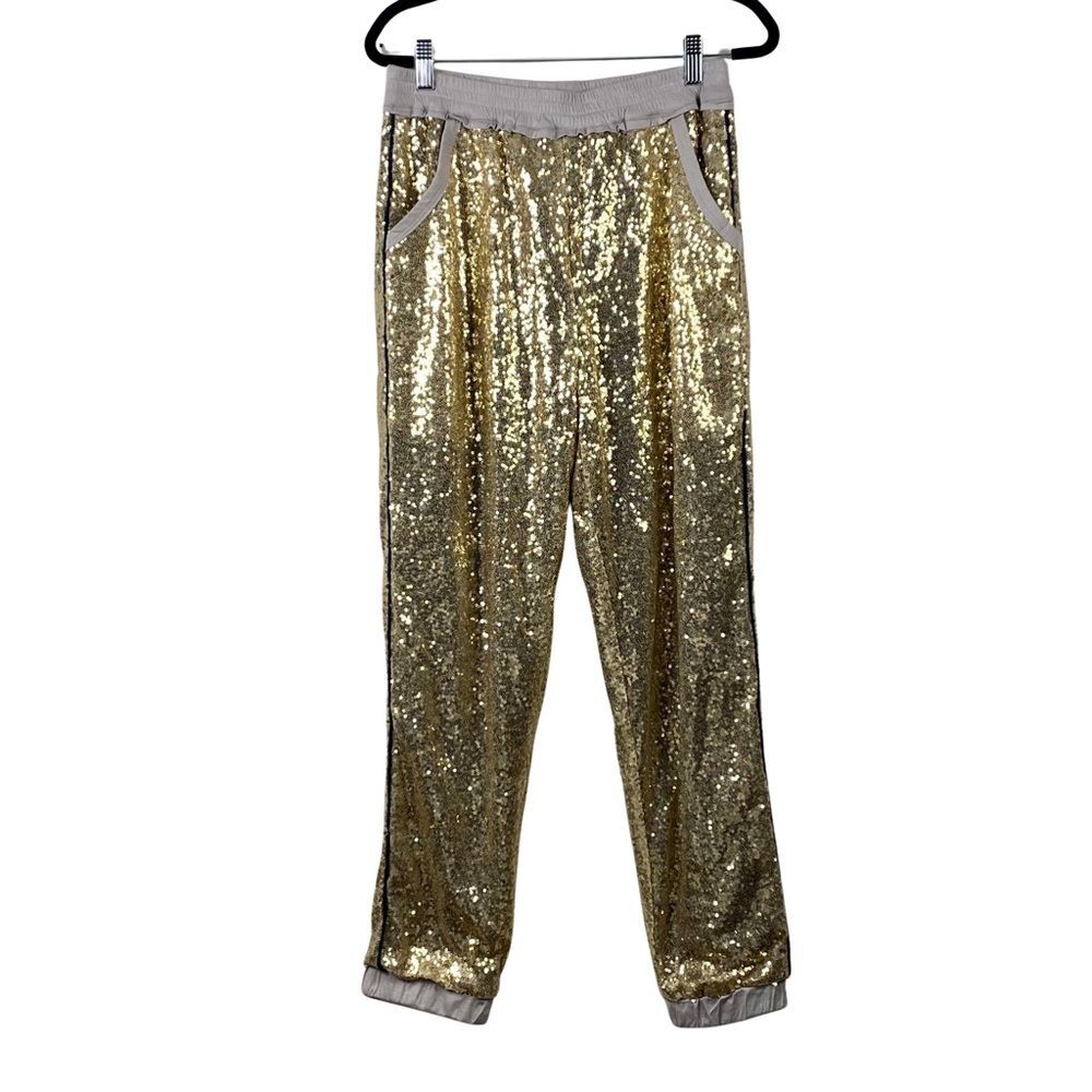 WIIP V Gold Sequin Jogger Pants Gray Trim Size M Glam Party